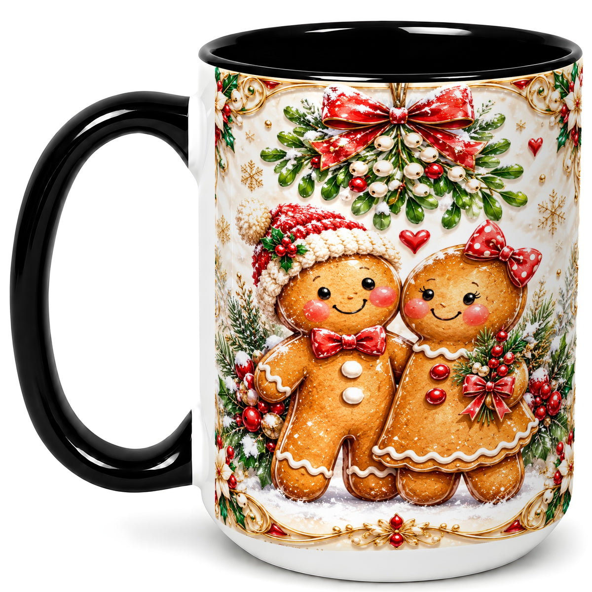#pl[15oz|Black] Gingerbread Couple Coffee Mug, Mistletoe Christmas Mug, Ceramic Cup