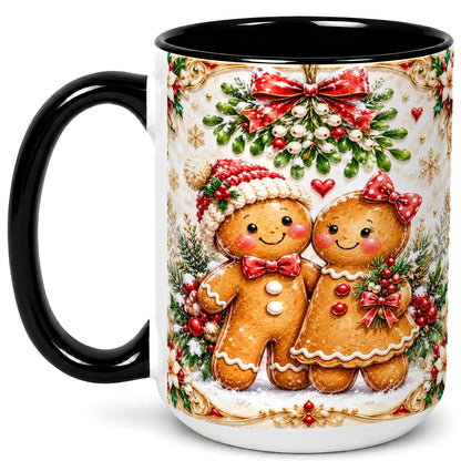 #pl[15oz|Black] Gingerbread Couple Coffee Mug, Mistletoe Christmas Mug, Ceramic Cup