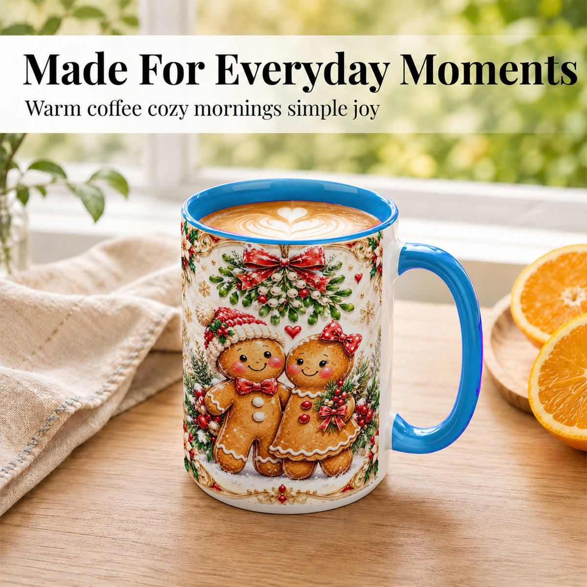 #pl[15oz|Blue] Gingerbread Couple Coffee Mug, Mistletoe Christmas Mug, Ceramic Cup