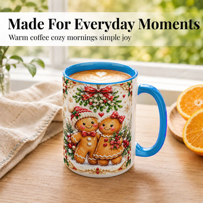 #pl[15oz|Blue] Gingerbread Couple Coffee Mug, Mistletoe Christmas Mug, Ceramic Cup