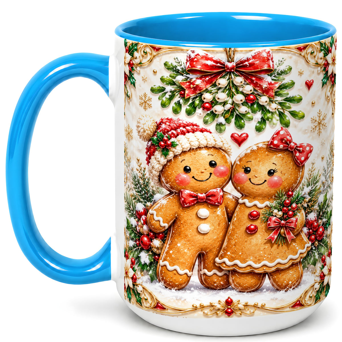 #pl[15oz|Blue] Gingerbread Couple Coffee Mug, Mistletoe Christmas Mug, Ceramic Cup
