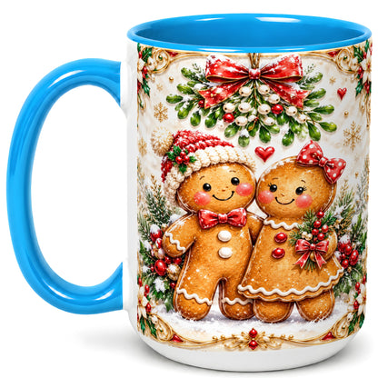#pl[15oz|Blue] Gingerbread Couple Coffee Mug, Mistletoe Christmas Mug, Ceramic Cup