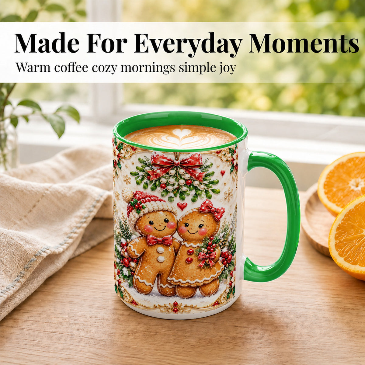#pl[15oz|Green] Gingerbread Couple Coffee Mug, Mistletoe Christmas Mug, Ceramic Cup