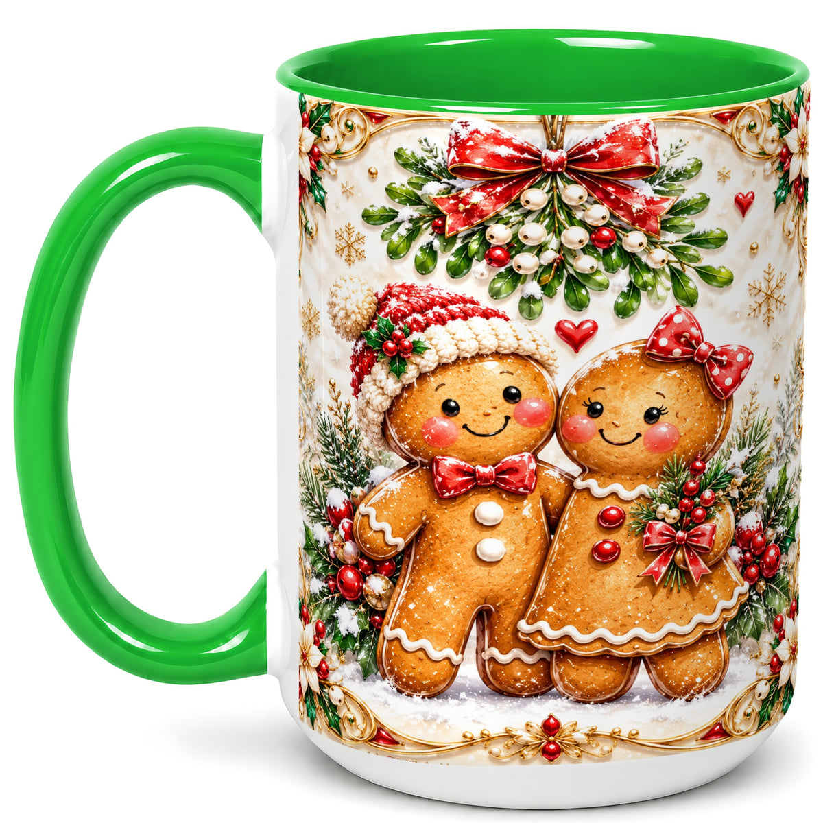 #pl[15oz|Green] Gingerbread Couple Coffee Mug, Mistletoe Christmas Mug, Ceramic Cup