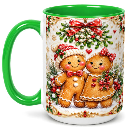 #pl[15oz|Green] Gingerbread Couple Coffee Mug, Mistletoe Christmas Mug, Ceramic Cup