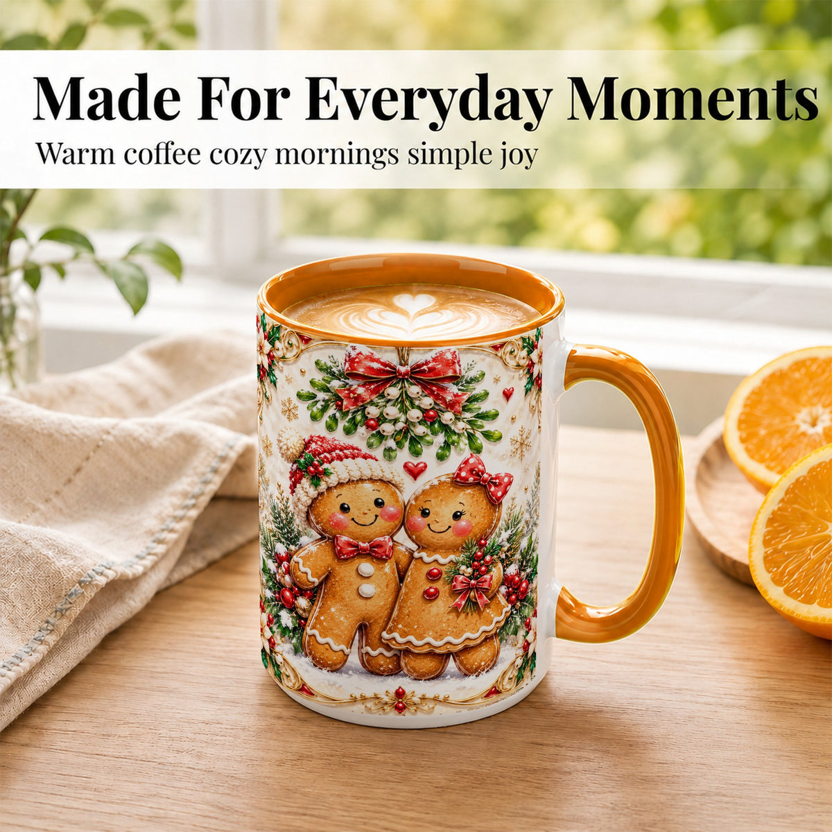 #pl[15oz|Orange] Gingerbread Couple Coffee Mug, Mistletoe Christmas Mug, Ceramic Cup