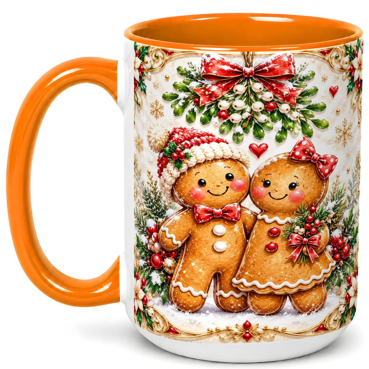 #pl[15oz|Orange] Gingerbread Couple Coffee Mug, Mistletoe Christmas Mug, Ceramic Cup