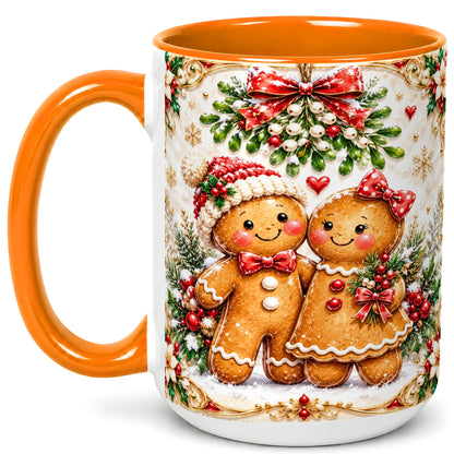 #pl[15oz|Orange] Gingerbread Couple Coffee Mug, Mistletoe Christmas Mug, Ceramic Cup