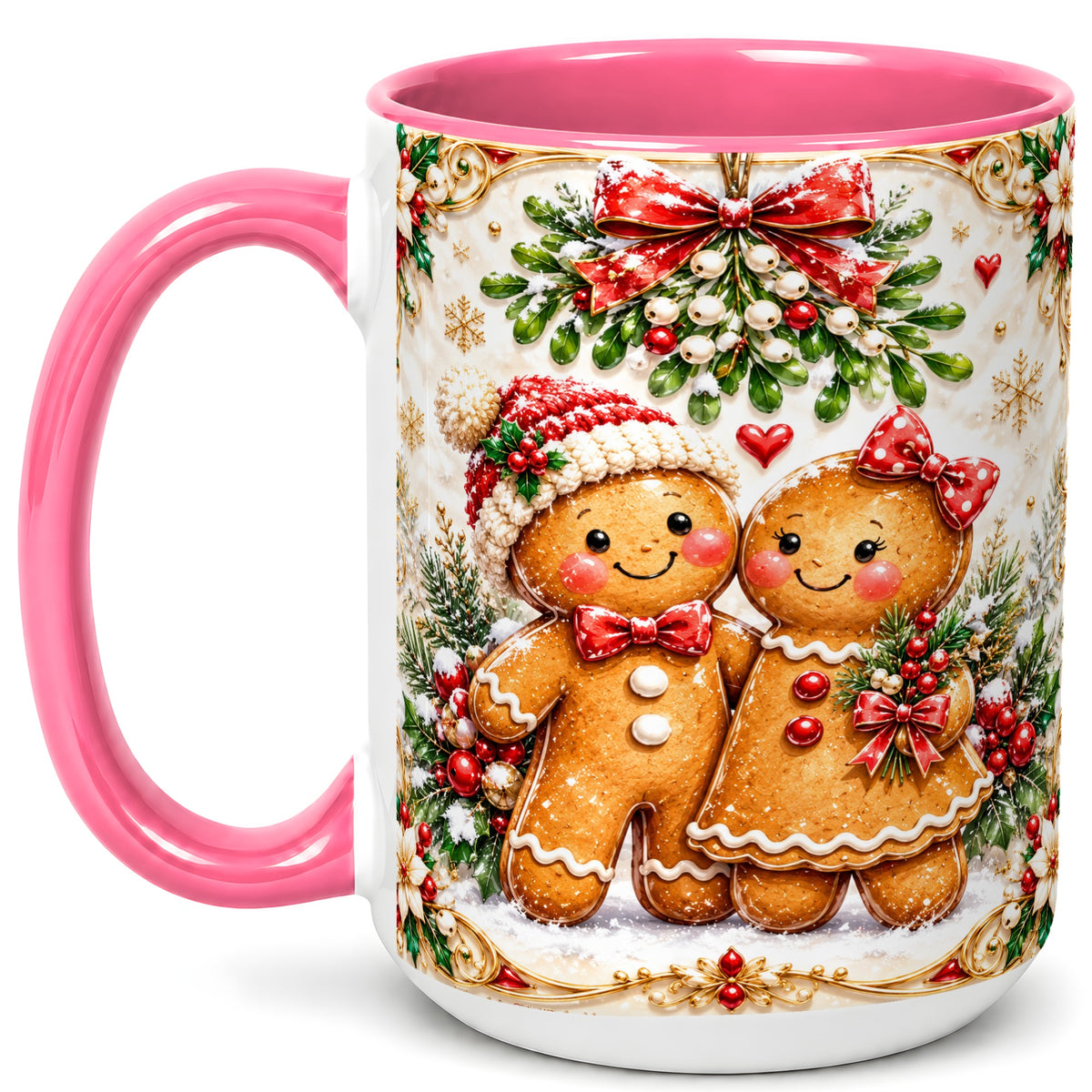 #pl[15oz|Pink] Gingerbread Couple Coffee Mug, Mistletoe Christmas Mug, Ceramic Cup