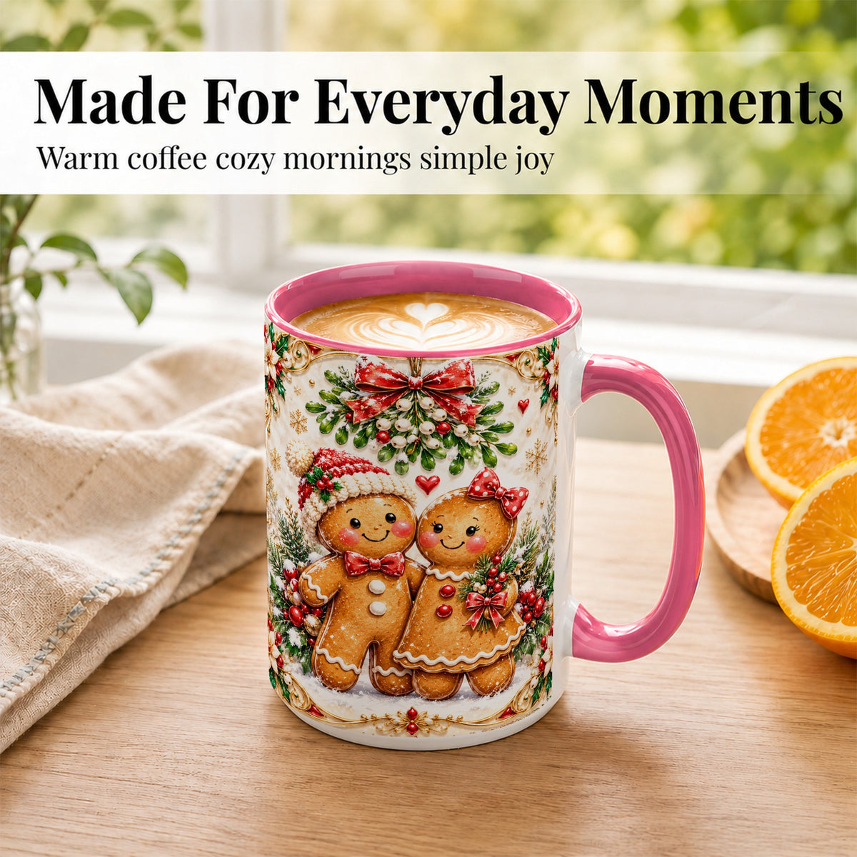 #pl[15oz|Pink] Gingerbread Couple Coffee Mug, Mistletoe Christmas Mug, Ceramic Cup