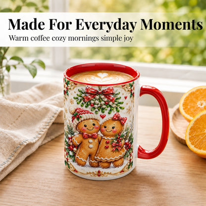 #pl[15oz|Red] Gingerbread Couple Coffee Mug, Mistletoe Christmas Mug, Ceramic Cup
