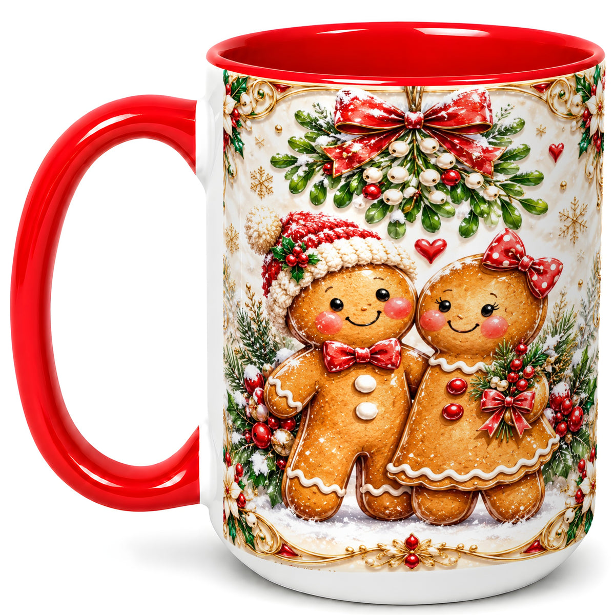 #pl[15oz|Red] Gingerbread Couple Coffee Mug, Mistletoe Christmas Mug, Ceramic Cup