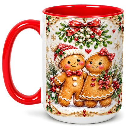 #pl[15oz|Red] Gingerbread Couple Coffee Mug, Mistletoe Christmas Mug, Ceramic Cup