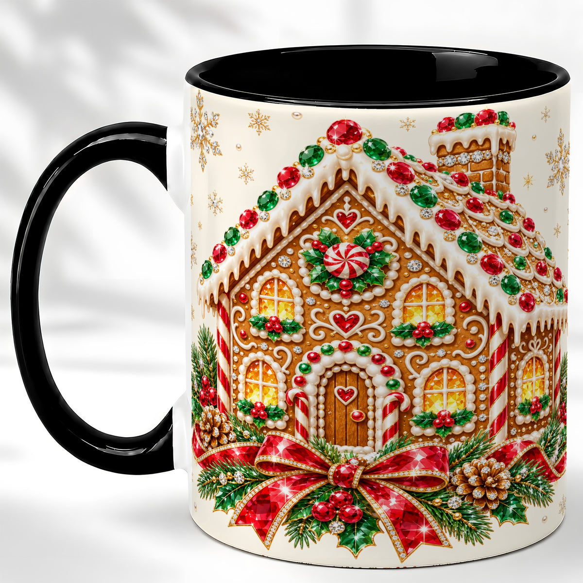 #pl[11oz|Black] Gingerbread House Coffee Mug, Christmas Cottage Mug, Ceramic Cup