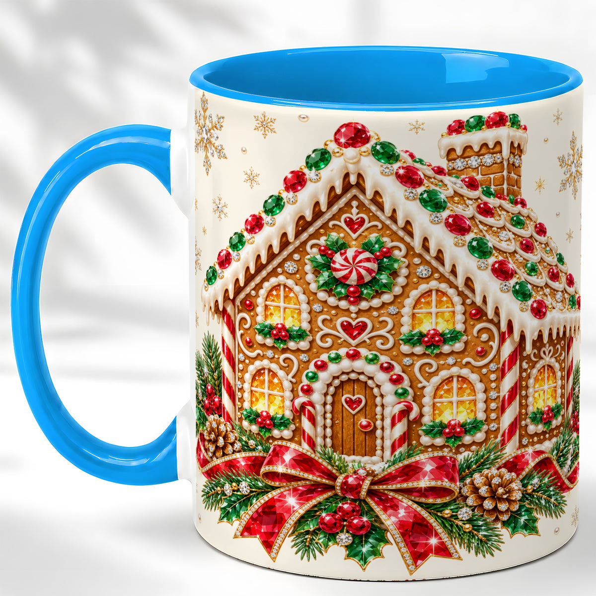#pl[11oz|Blue] Gingerbread House Coffee Mug, Christmas Cottage Mug, Ceramic Cup