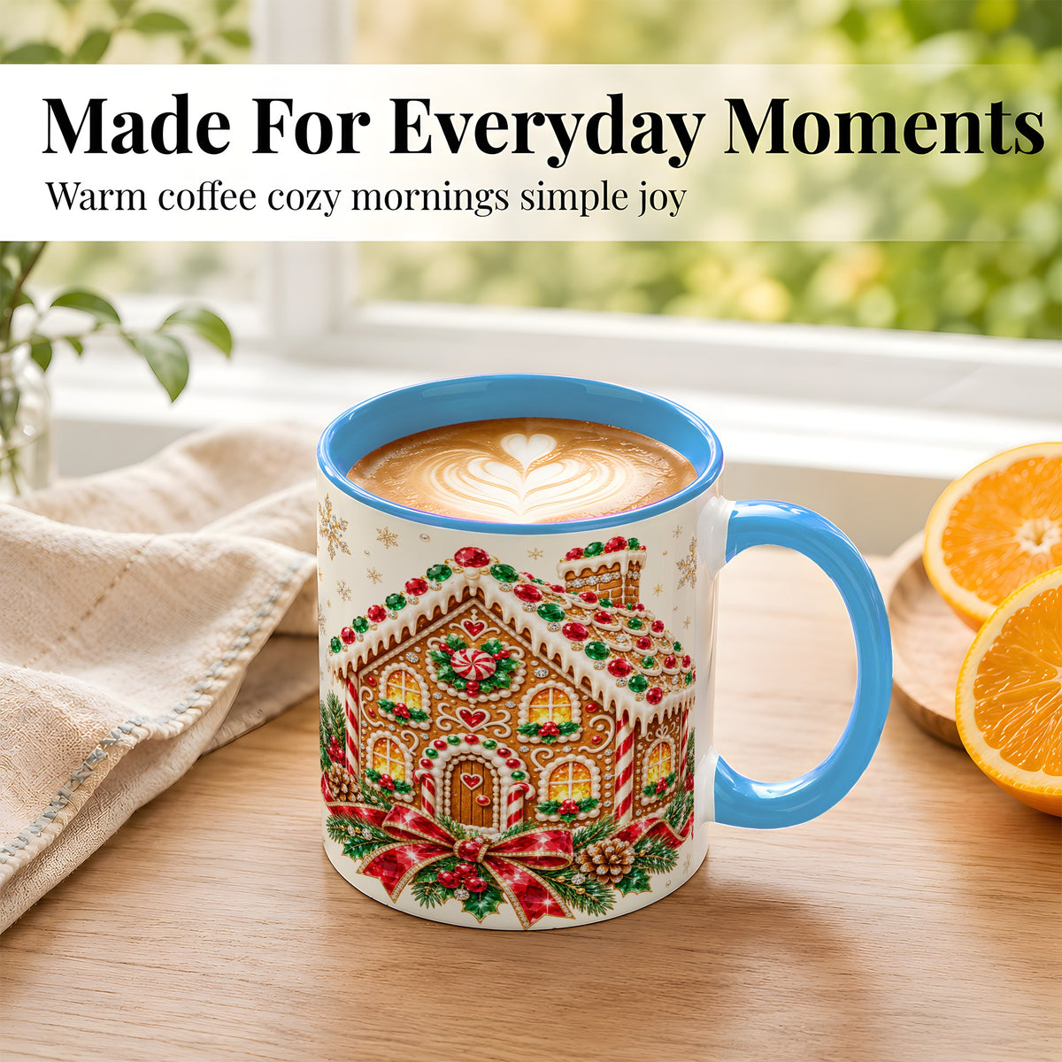 #pl[11oz|Blue] Gingerbread House Coffee Mug, Christmas Cottage Mug, Ceramic Cup