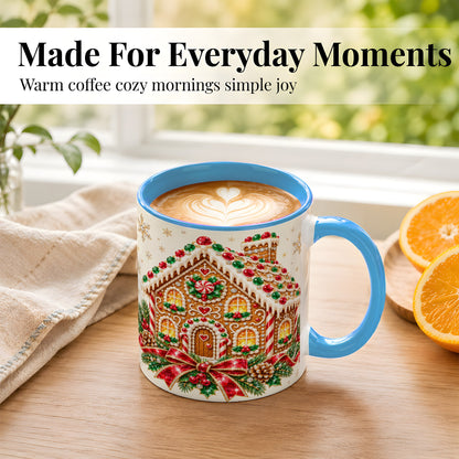 #pl[11oz|Blue] Gingerbread House Coffee Mug, Christmas Cottage Mug, Ceramic Cup