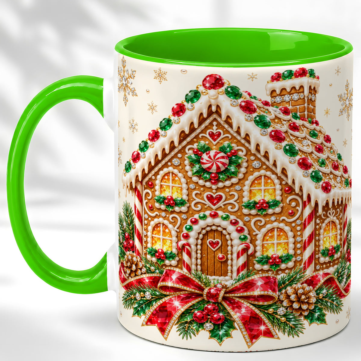 #pl[11oz|Green] Gingerbread House Coffee Mug, Christmas Cottage Mug, Ceramic Cup
