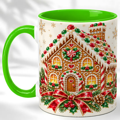 #pl[11oz|Green] Gingerbread House Coffee Mug, Christmas Cottage Mug, Ceramic Cup