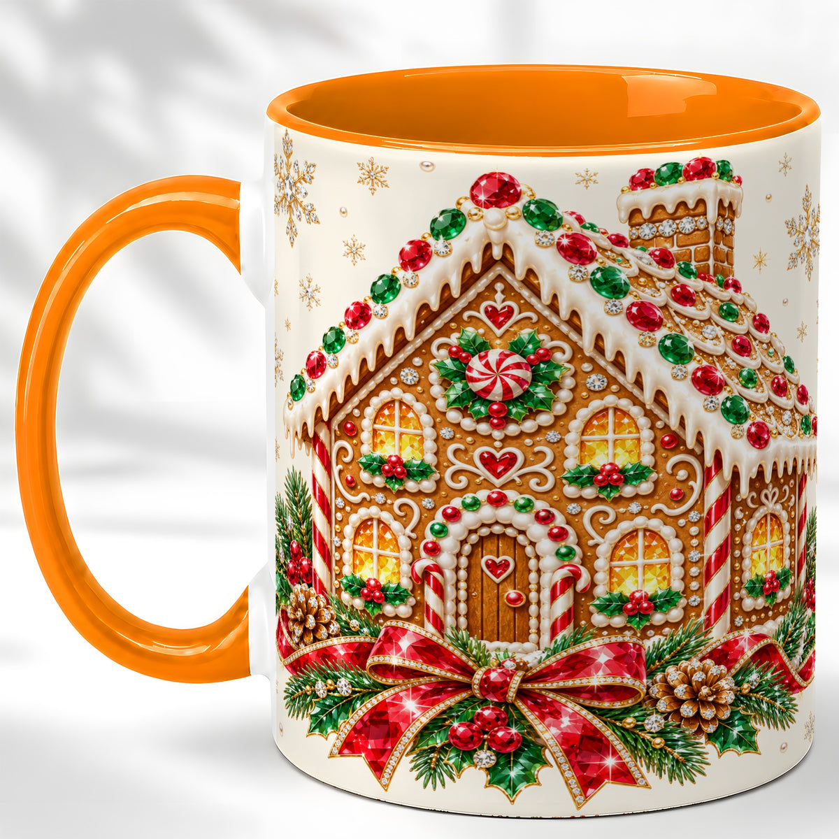 #pl[11oz|Orange] Gingerbread House Coffee Mug, Christmas Cottage Mug, Ceramic Cup