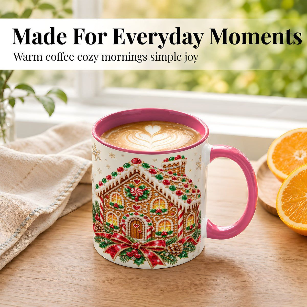 #pl[11oz|Pink] Gingerbread House Coffee Mug, Christmas Cottage Mug, Ceramic Cup
