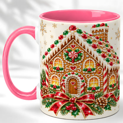 #pl[11oz|Pink] Gingerbread House Coffee Mug, Christmas Cottage Mug, Ceramic Cup