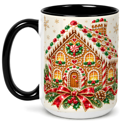 #pl[15oz|Black] Gingerbread House Coffee Mug, Christmas Cottage Mug, Ceramic Cup