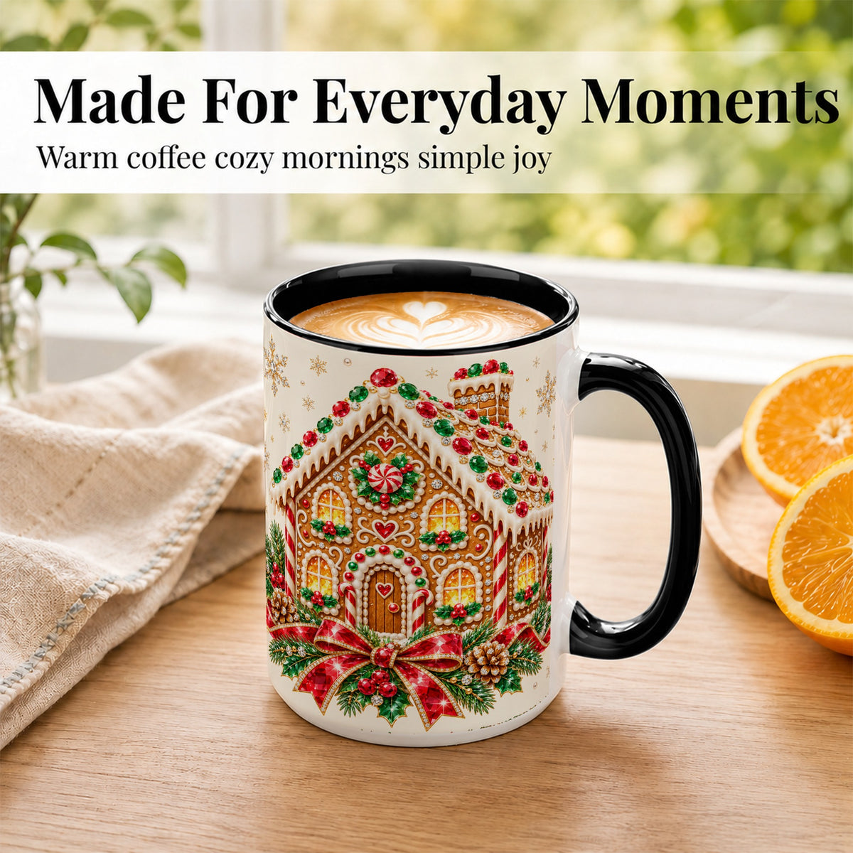 #pl[15oz|Black] Gingerbread House Coffee Mug, Christmas Cottage Mug, Ceramic Cup