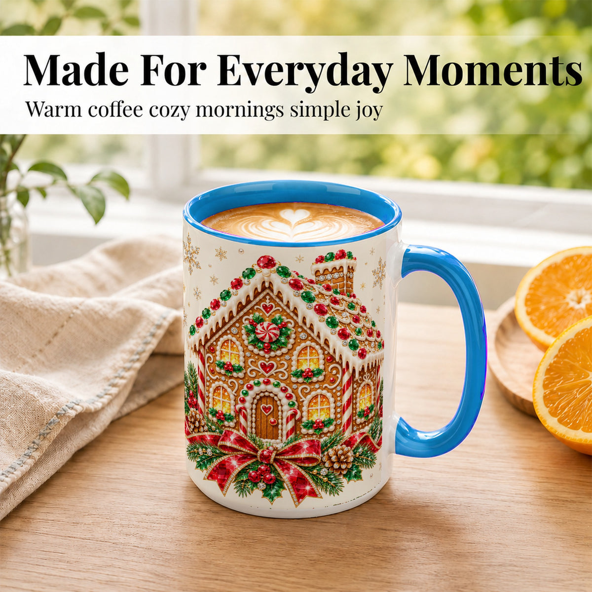 #pl[15oz|Blue] Gingerbread House Coffee Mug, Christmas Cottage Mug, Ceramic Cup