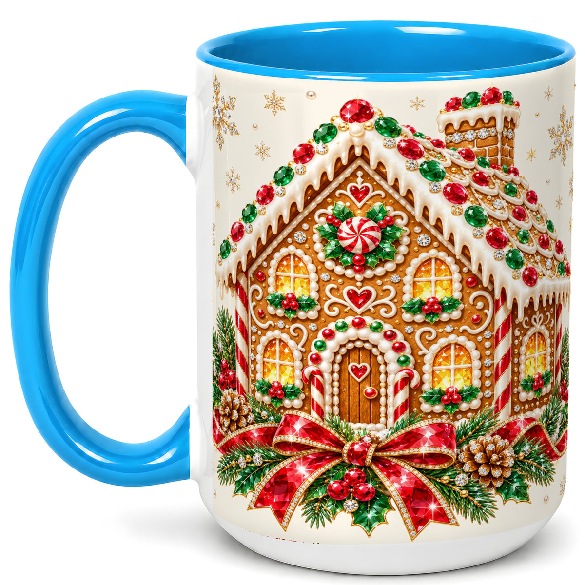 #pl[15oz|Blue] Gingerbread House Coffee Mug, Christmas Cottage Mug, Ceramic Cup