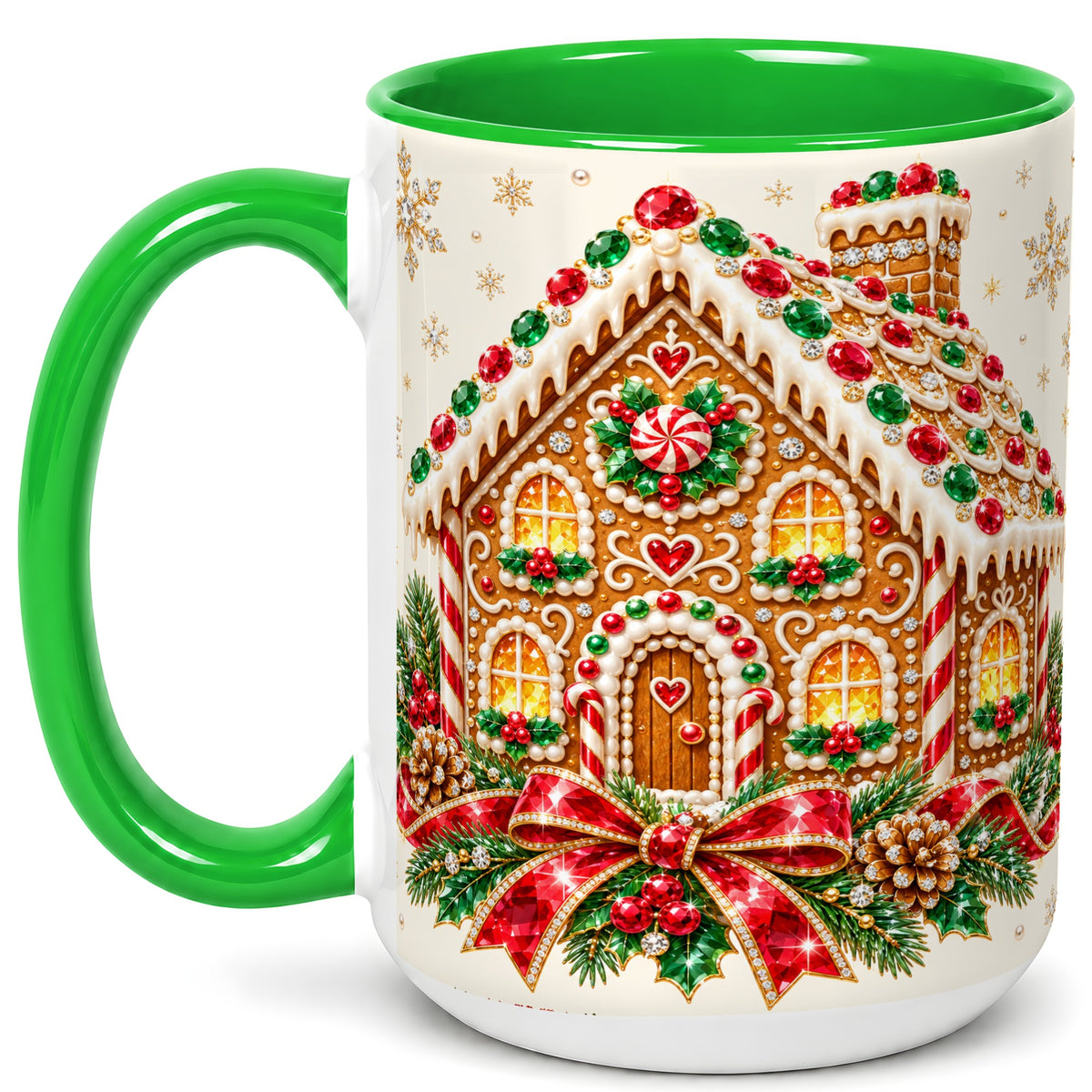 #pl[15oz|Green] Gingerbread House Coffee Mug, Christmas Cottage Mug, Ceramic Cup