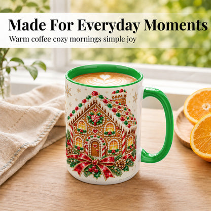 #pl[15oz|Green] Gingerbread House Coffee Mug, Christmas Cottage Mug, Ceramic Cup