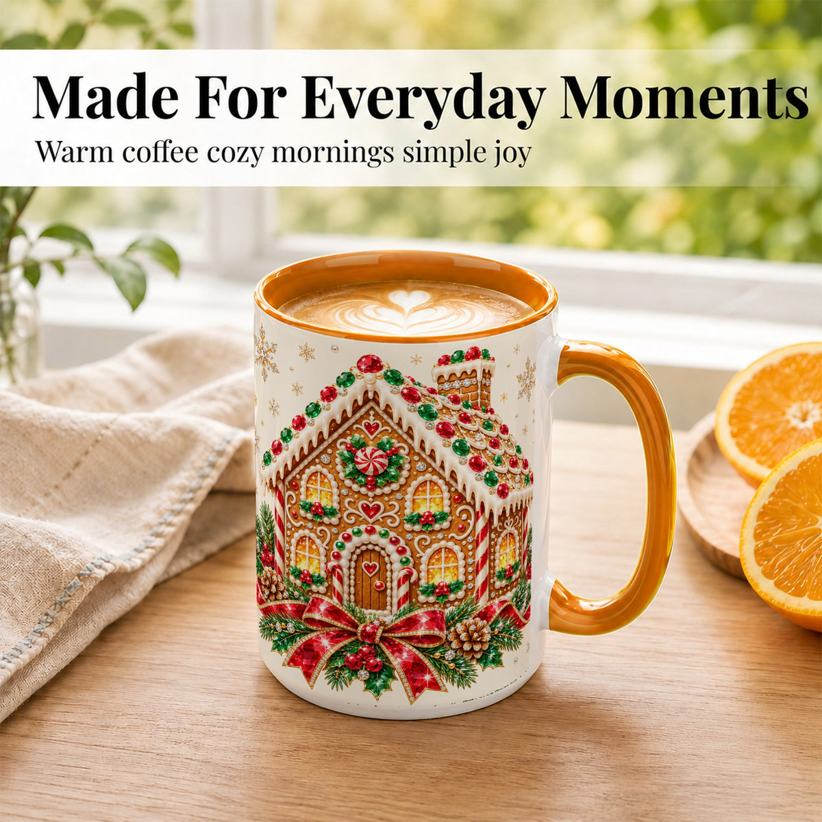 #pl[15oz|Orange] Gingerbread House Coffee Mug, Christmas Cottage Mug, Ceramic Cup