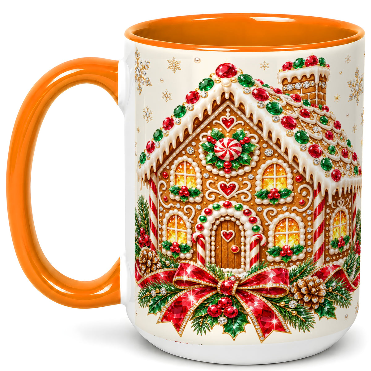 #pl[15oz|Orange] Gingerbread House Coffee Mug, Christmas Cottage Mug, Ceramic Cup