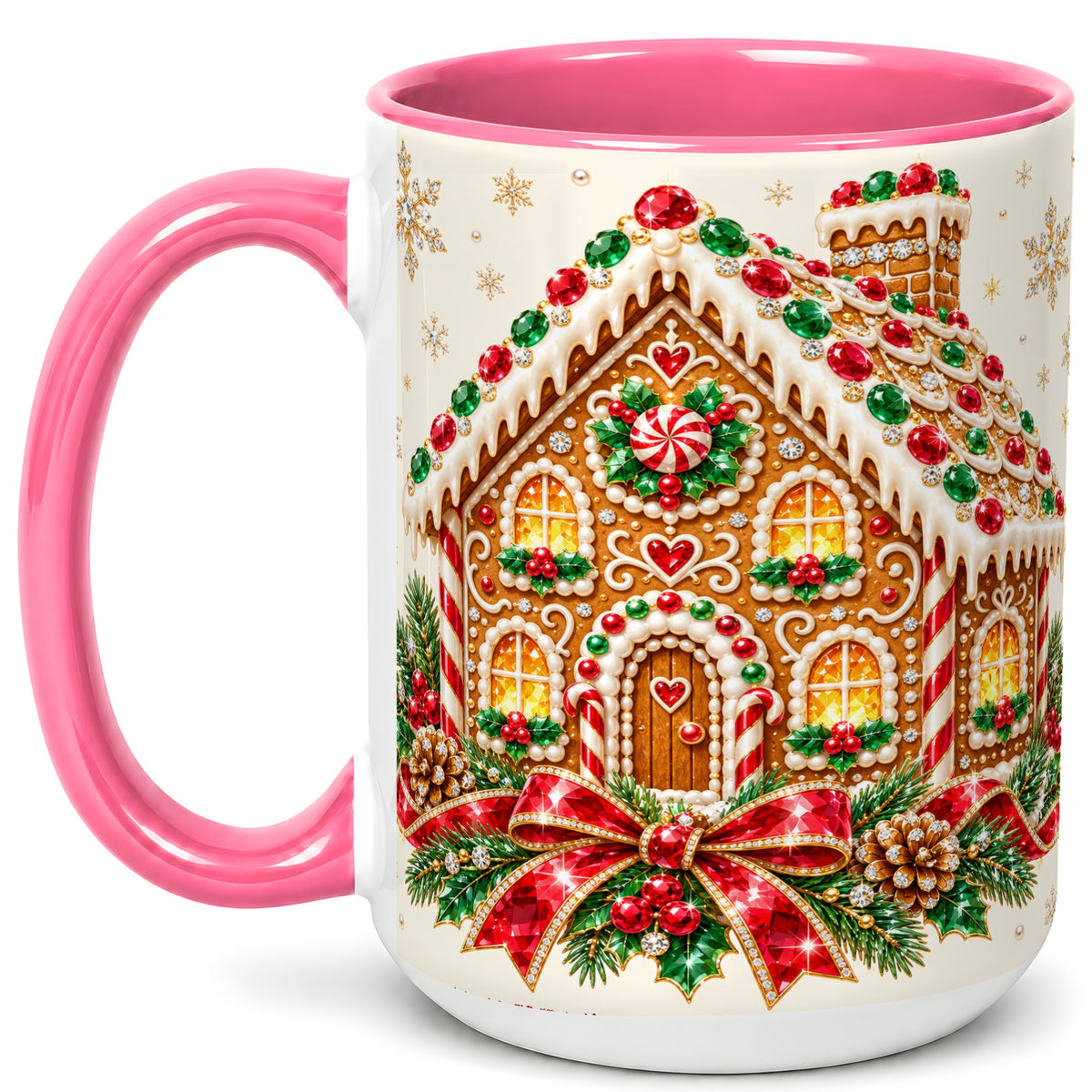 #pl[15oz|Pink] Gingerbread House Coffee Mug, Christmas Cottage Mug, Ceramic Cup