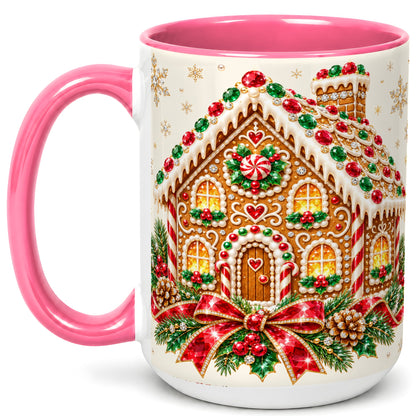 #pl[15oz|Pink] Gingerbread House Coffee Mug, Christmas Cottage Mug, Ceramic Cup