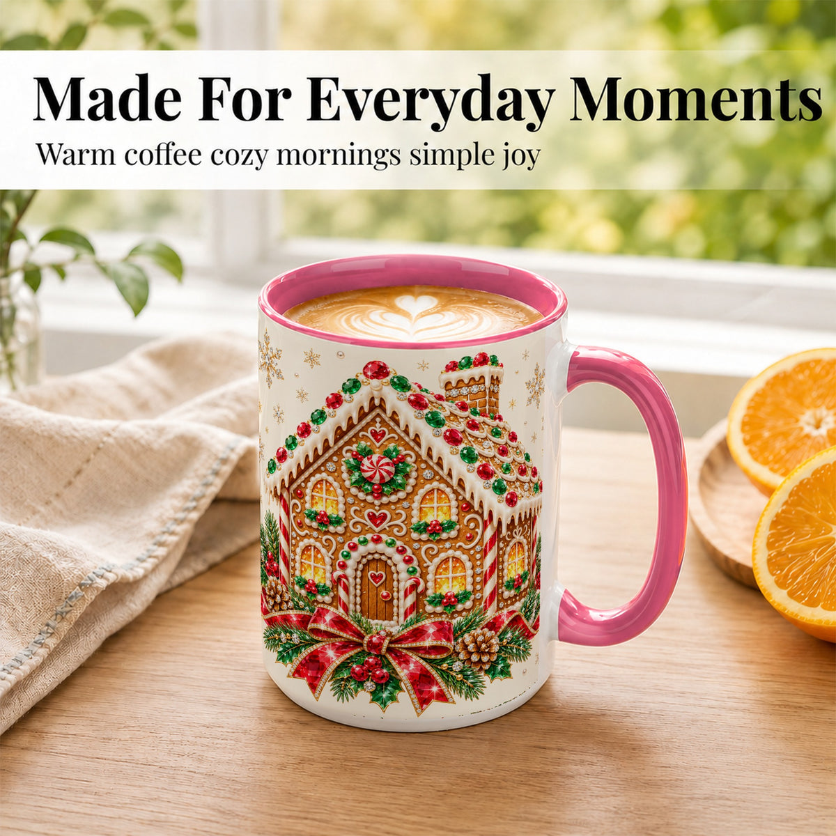 #pl[15oz|Pink] Gingerbread House Coffee Mug, Christmas Cottage Mug, Ceramic Cup