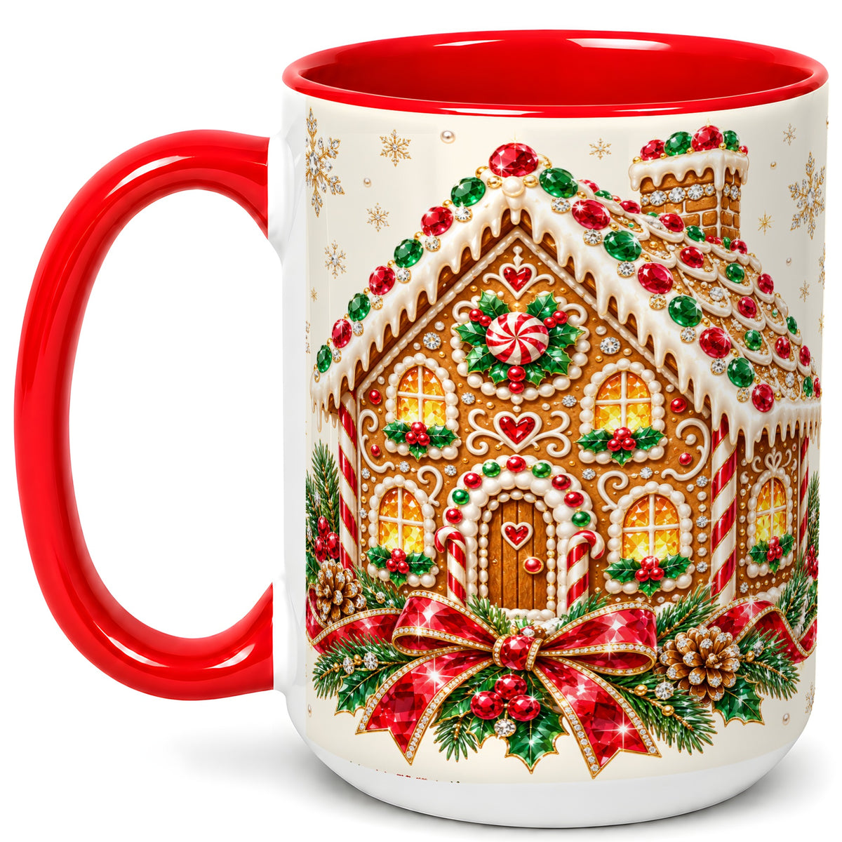 #pl[15oz|Red] Gingerbread House Coffee Mug, Christmas Cottage Mug, Ceramic Cup