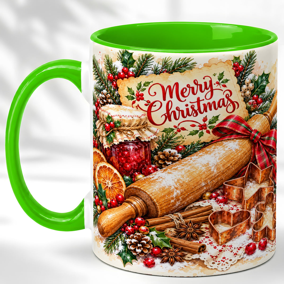 #pl[11oz|Green] Christmas Baking Coffee Mug, Holiday Kitchen Mug, Ceramic Cup