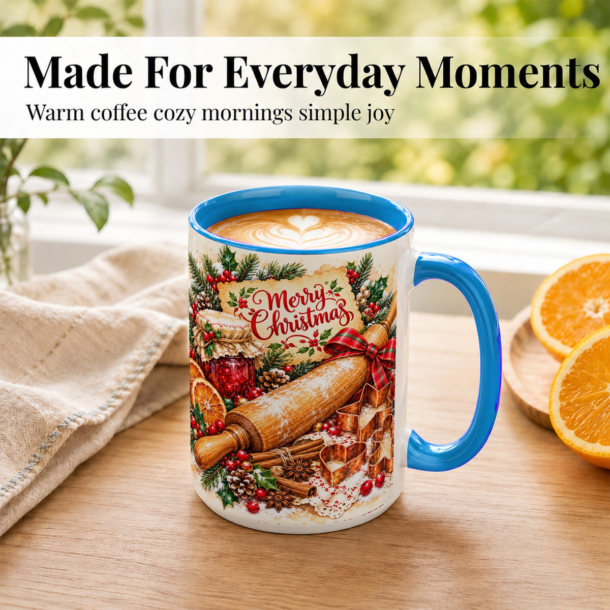 #pl[15oz|Blue] Christmas Baking Coffee Mug, Holiday Kitchen Mug, Ceramic Cup