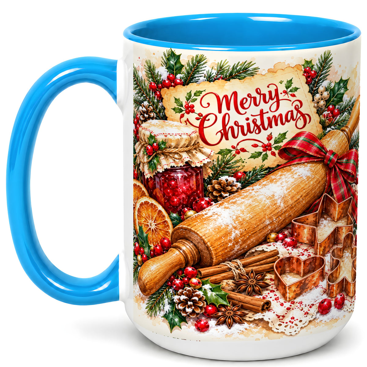 #pl[15oz|Blue] Christmas Baking Coffee Mug, Holiday Kitchen Mug, Ceramic Cup