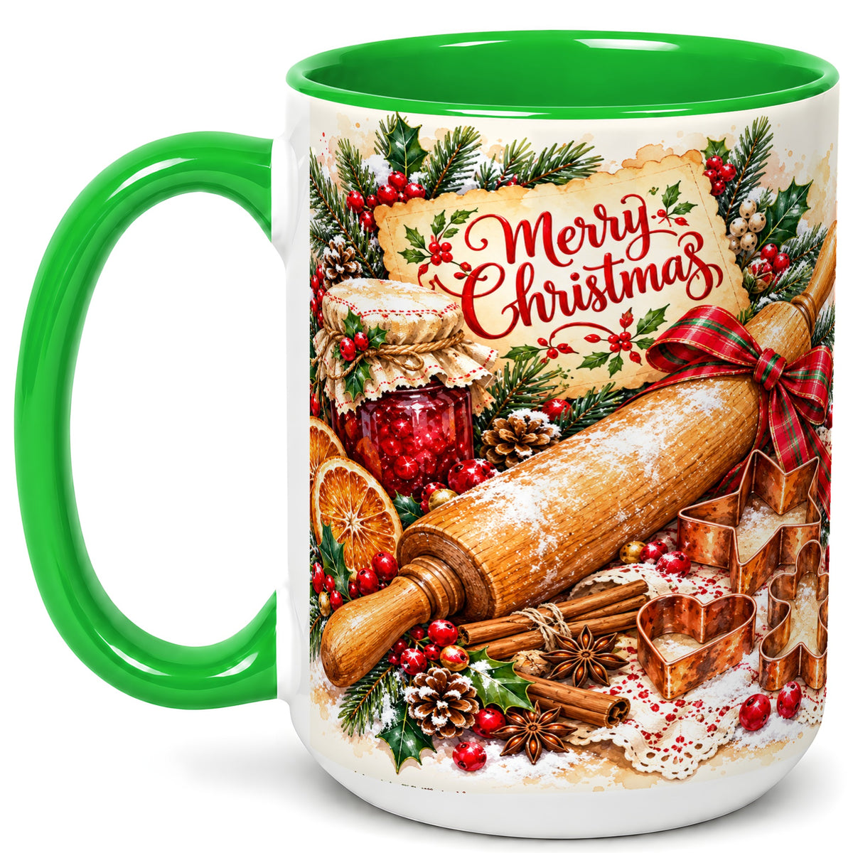#pl[15oz|Green] Christmas Baking Coffee Mug, Holiday Kitchen Mug, Ceramic Cup