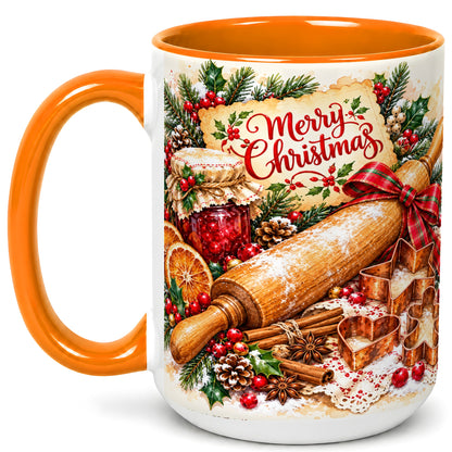 #pl[15oz|Orange] Christmas Baking Coffee Mug, Holiday Kitchen Mug, Ceramic Cup