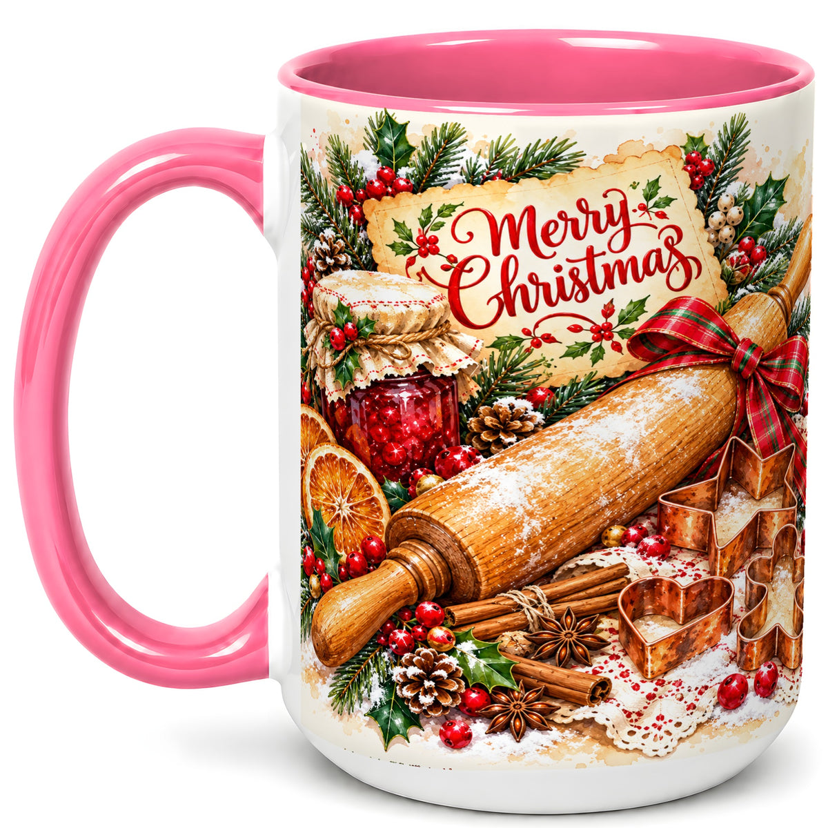 #pl[15oz|Pink] Christmas Baking Coffee Mug, Holiday Kitchen Mug, Ceramic Cup
