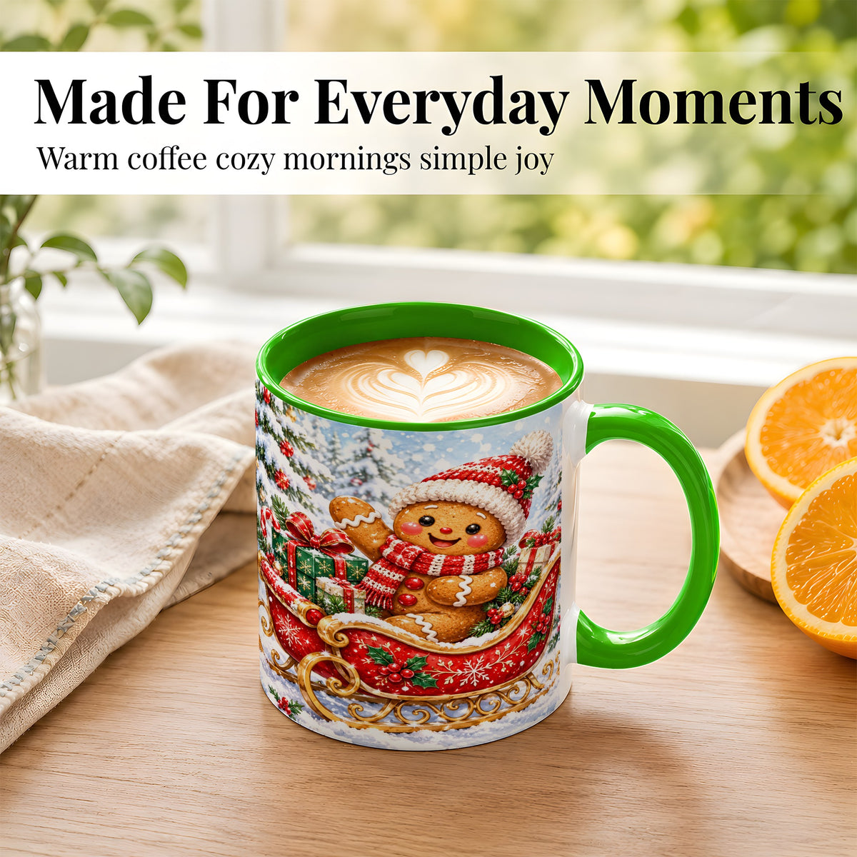 #pl[11oz|Green] Gingerbread Sleigh Coffee Mug, Christmas Cookie Mug, Ceramic Cup