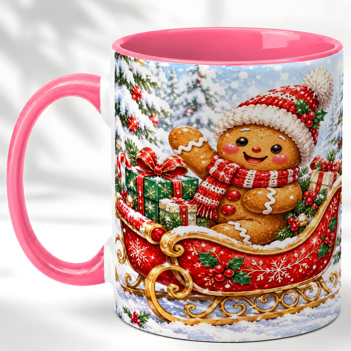 #pl[11oz|Pink] Gingerbread Sleigh Coffee Mug, Christmas Cookie Mug, Ceramic Cup