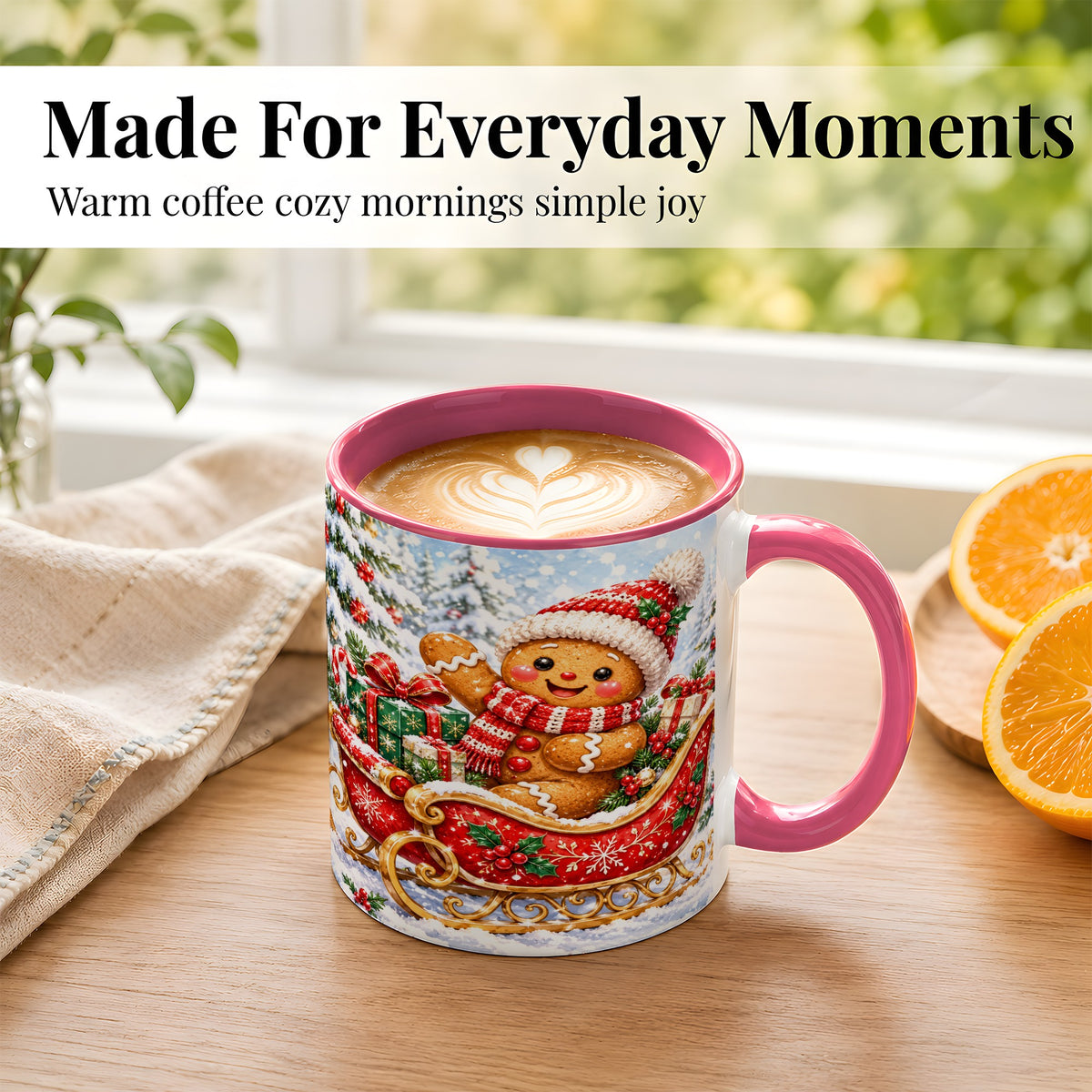 #pl[11oz|Pink] Gingerbread Sleigh Coffee Mug, Christmas Cookie Mug, Ceramic Cup