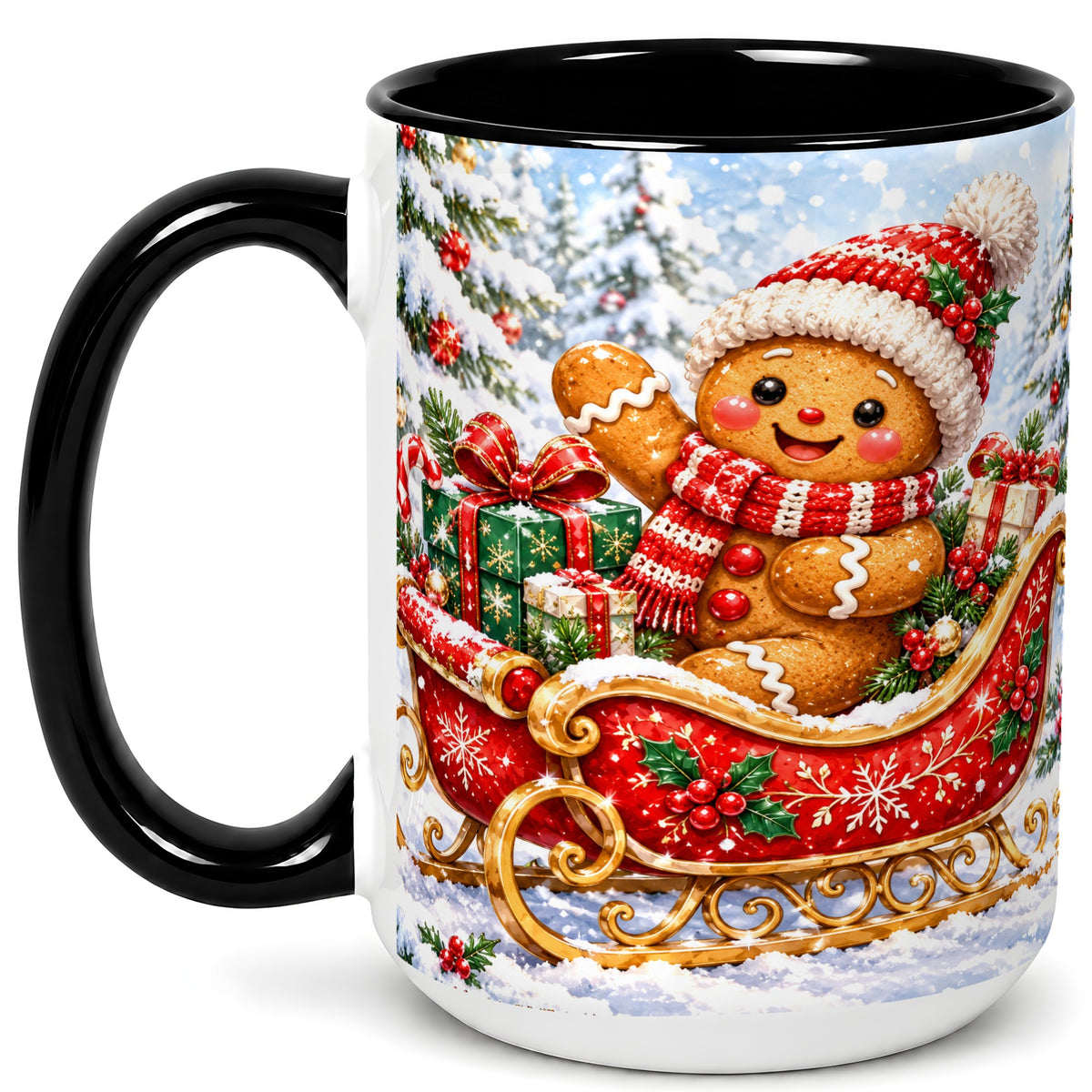 #pl[15oz|Black] Gingerbread Sleigh Coffee Mug, Christmas Cookie Mug, Ceramic Cup