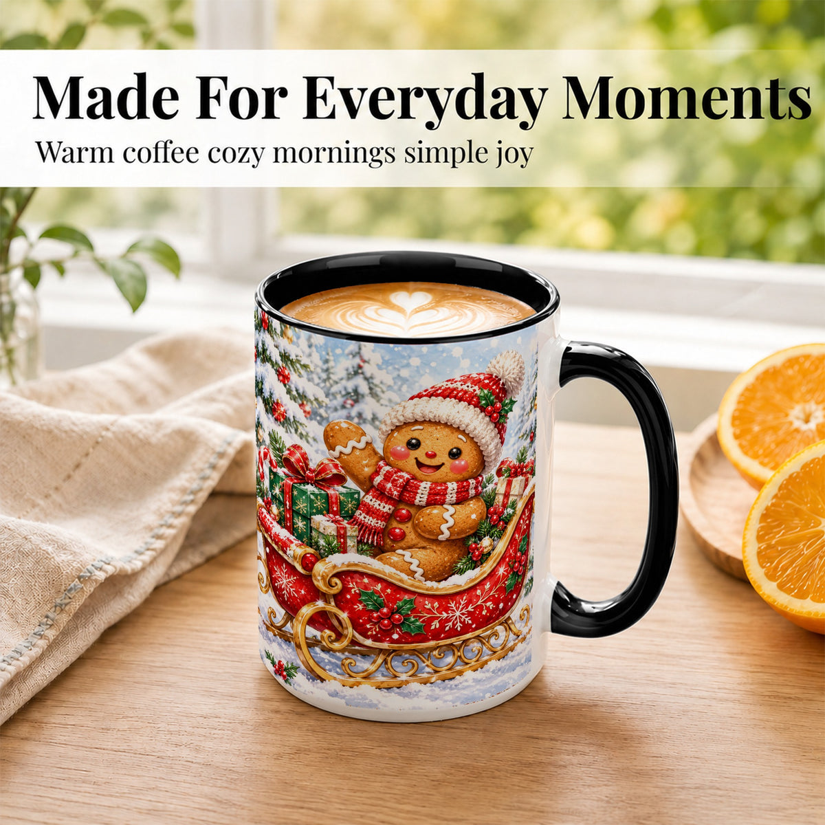#pl[15oz|Black] Gingerbread Sleigh Coffee Mug, Christmas Cookie Mug, Ceramic Cup