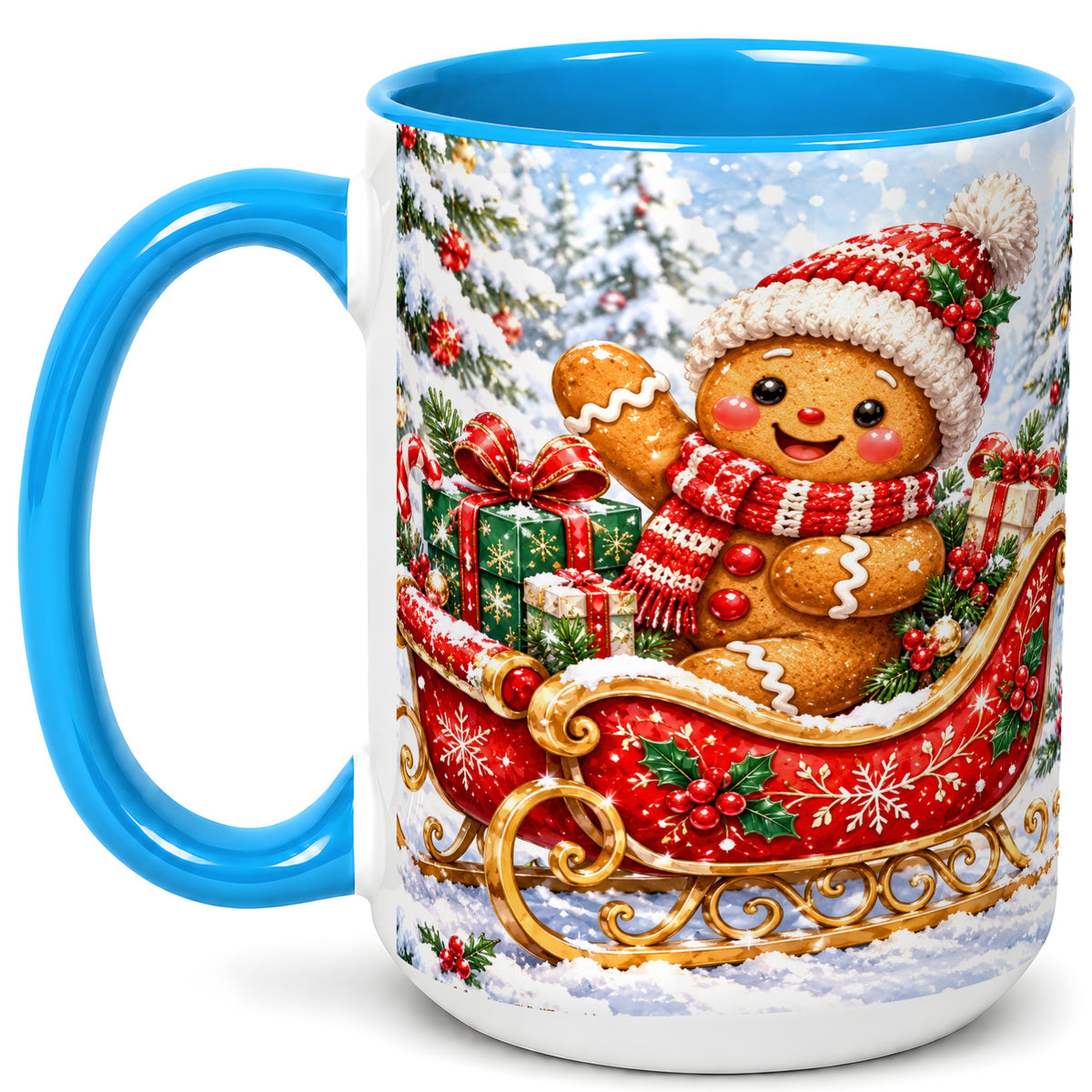 #pl[15oz|Blue] Gingerbread Sleigh Coffee Mug, Christmas Cookie Mug, Ceramic Cup